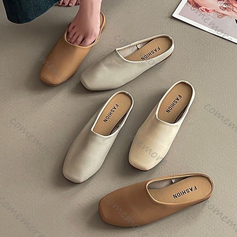 Slip On Mule Flat - Comemore Retro Square Head Baotou Half