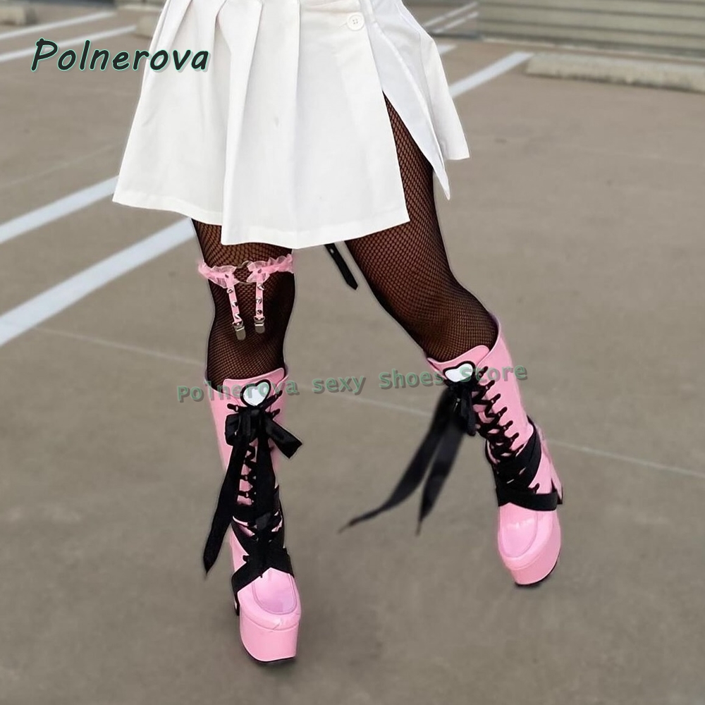 Wedge Heeled Sneaker - Women's Pink Platform Knee High Boots